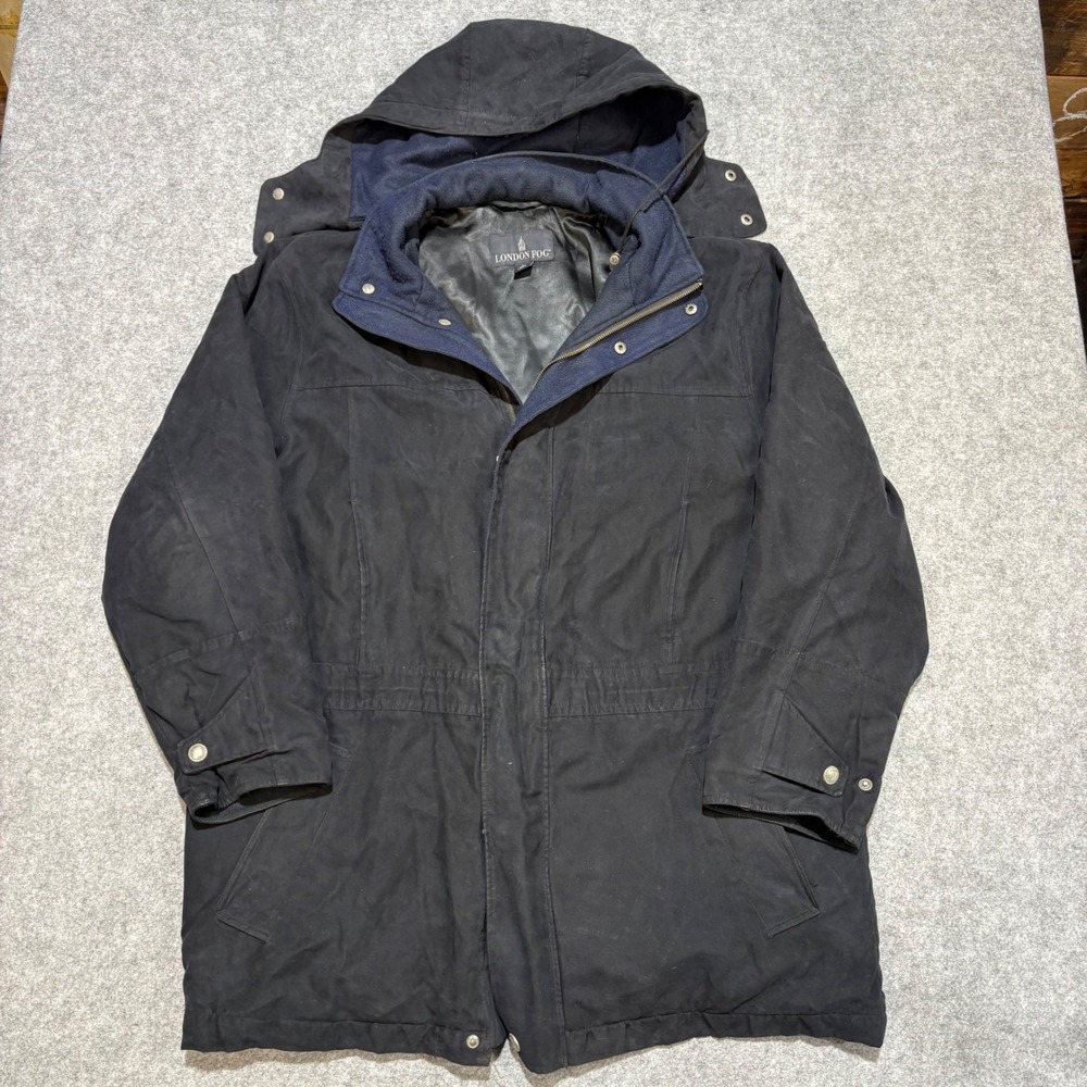 London Fog Mens Black Hooded Parka Jacket Navy Wool Blend Lining Size Large Reg